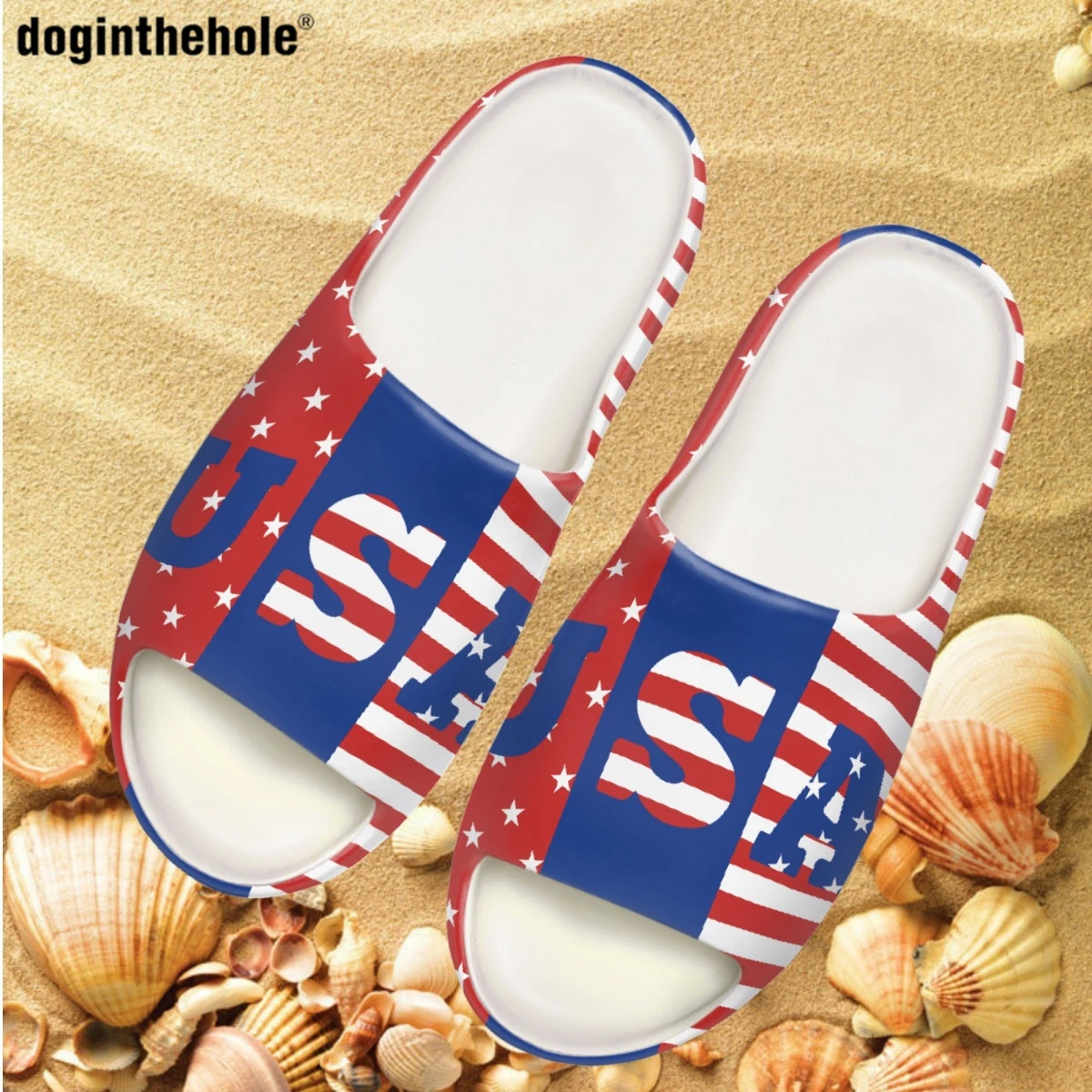 

Doginthehole Women's Summer Slippers EVA Light Non-slip Coconut Slippers New Art Design American Flag Print Men's Beach Sandals