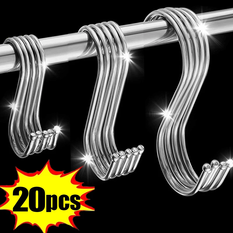 

10-20Pcs S-Shaped Hook Stainless Steel Clothes Bags Towels Hanging Organizer Strong Load-bearing for Kitchen Railing Hanger Hook
