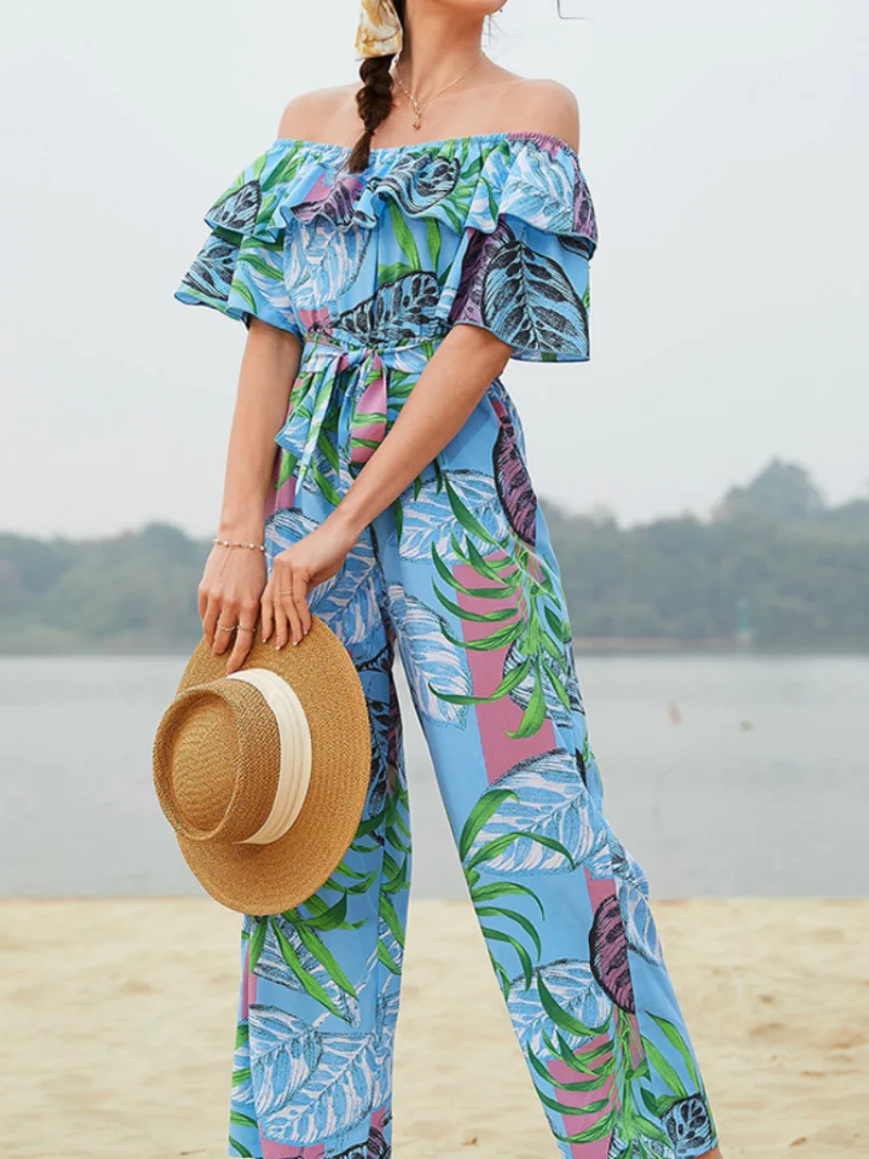 Summer Fashion Floral Jumpsuit Women's Short Sleeve Chiffon Pants Holiday Beach Ruffle lace high waist lace up jumpsuit female