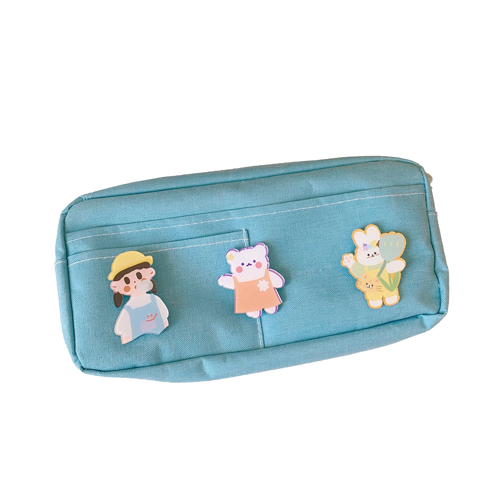 

School Stationery Pencil Bag With Badge Canvas Large Capacity Travel Zipper Closure Home Office Storage Holder Student Portable