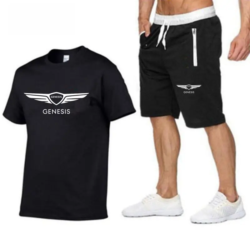 GENESIS casual sportswear summer men's knitwear+shorts set luxury short sleeved brand printed cotton shirt jogging pants sportsw