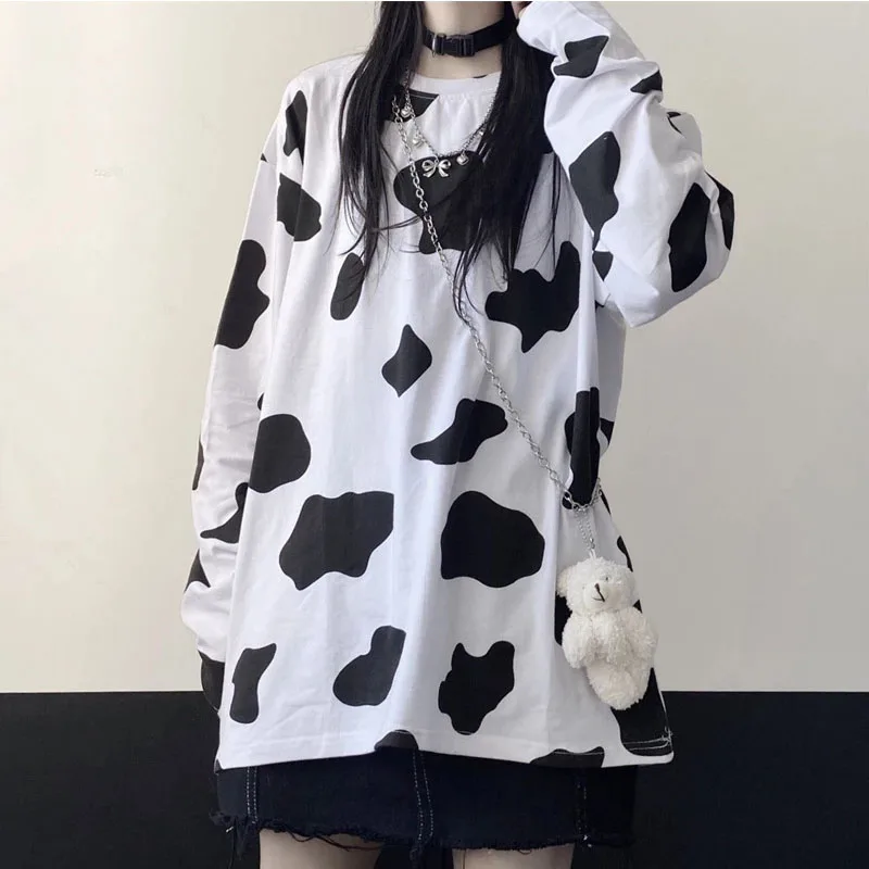 Cow Print Womens Blouse Long-sleeved Womens T-shirt Fashion Oversized Loose Casual Autumn and Spring Cotton Womens T-shirt