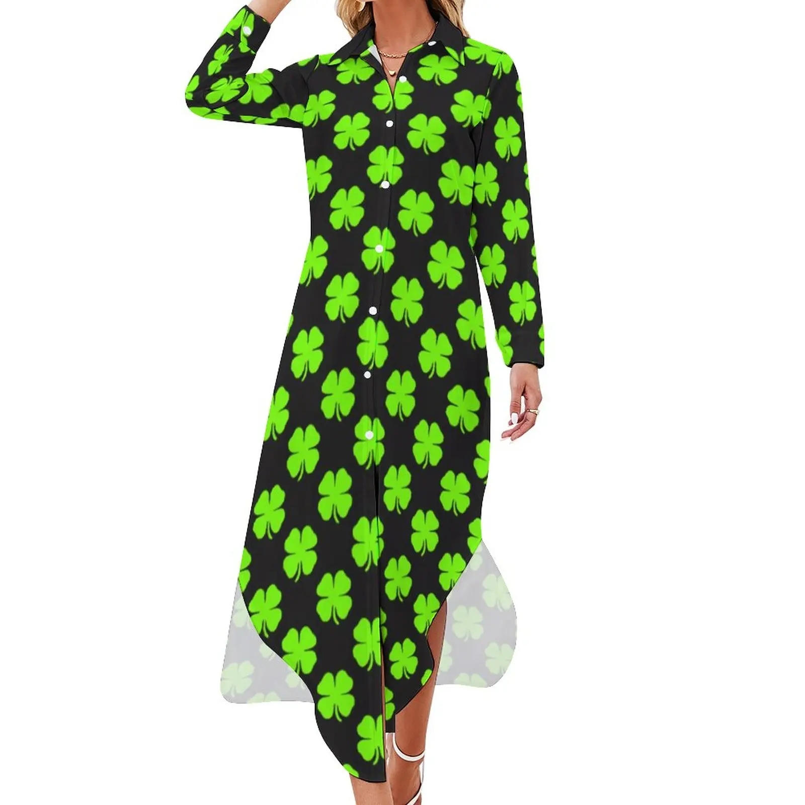 

Shamrock Pattern Casual Dress Saint Patrick's Day Aesthetic Dresses Long Sleeve Elegant V Neck Graphic Big Size Chiffon Dress