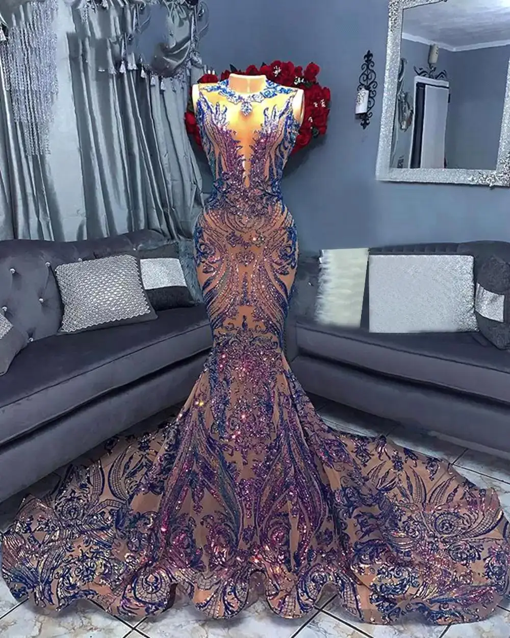 

Sparkly Long Prom Dresses 2022 Sexy Mermaid Sequin African Women Dubai Black Girls Gala Celebrity Evening Party Night Formal Gow