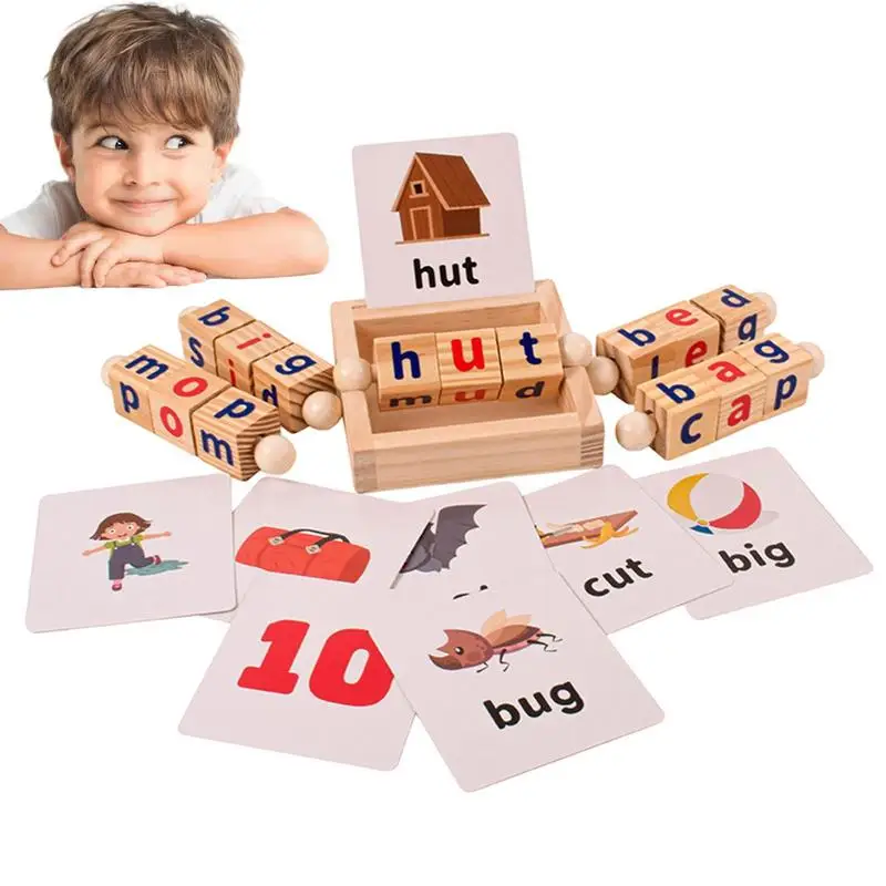 

Hands Wooden Reading Blocks Spelling Learning Basic Words And Vowel Letters Rotating Toy CVC Spelling And Rhyming Games For 3