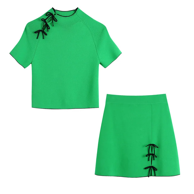 

Skirt Set Women Summer Green Knitted Set Short Sleeve Tops+Hollow Knitted Skirt Outifts Casual Sexy Mini Skirts Two Piece Suit