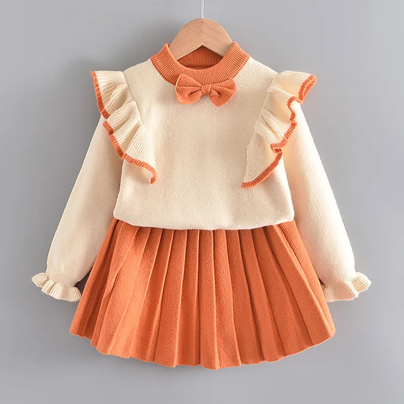 

Baby Girl Clothes Set Autumn Winter 2022 New Fashion Sweater Suit Cute Bow Knitted Two-piece 3-7 Years Kids Clothing