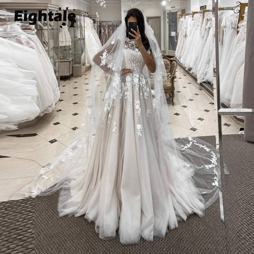 

Платье свадебное кружевное в пол, с круглым вырезом и 3D цветами