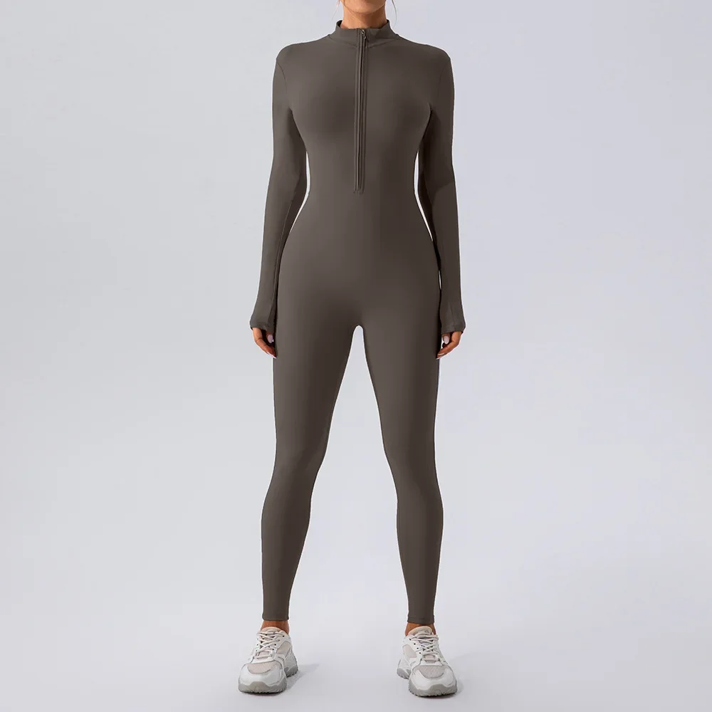Zipper nude long-sleeved yoga onesie women's sports fitness