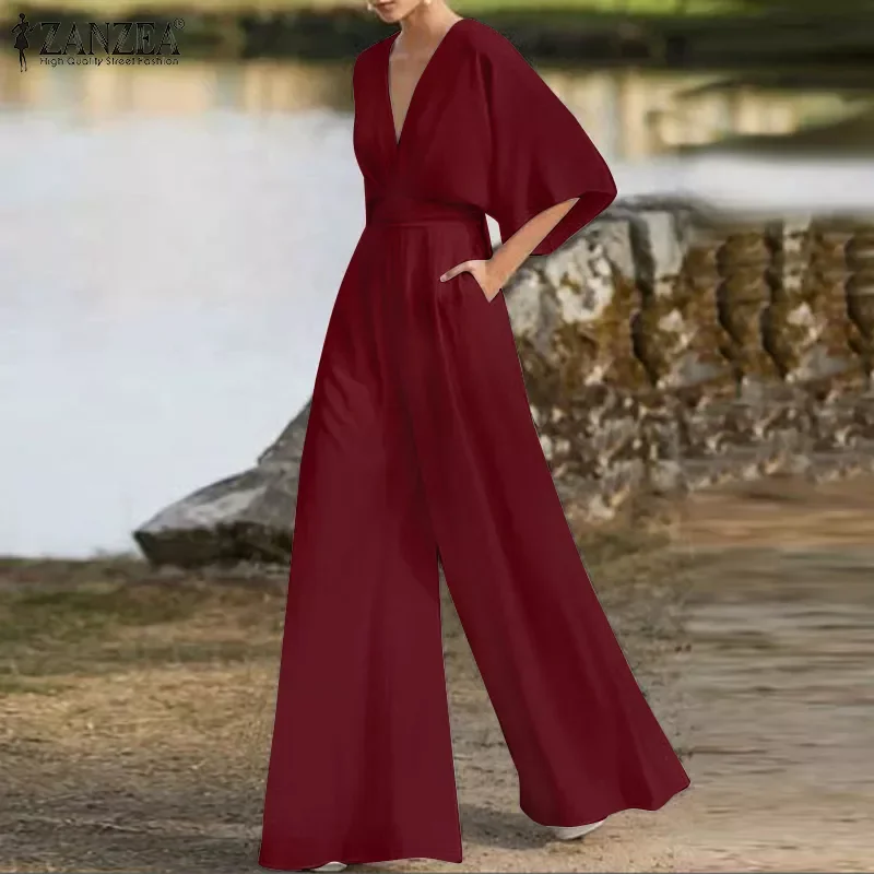 

Women V Neck Wide Leg Jumpsuits ZANZEA Elegant Solid Rompers Summer 3/4 Sleeve Party Overalls Loose OL Work Playsuits Oversize