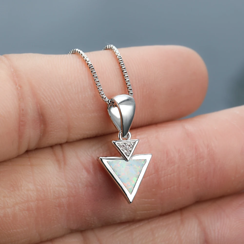

Personality Simple White Opal Double Triangle Necklaces Pendant For Women Sliver Color Long Chain Exquisite Wedding Party Gift
