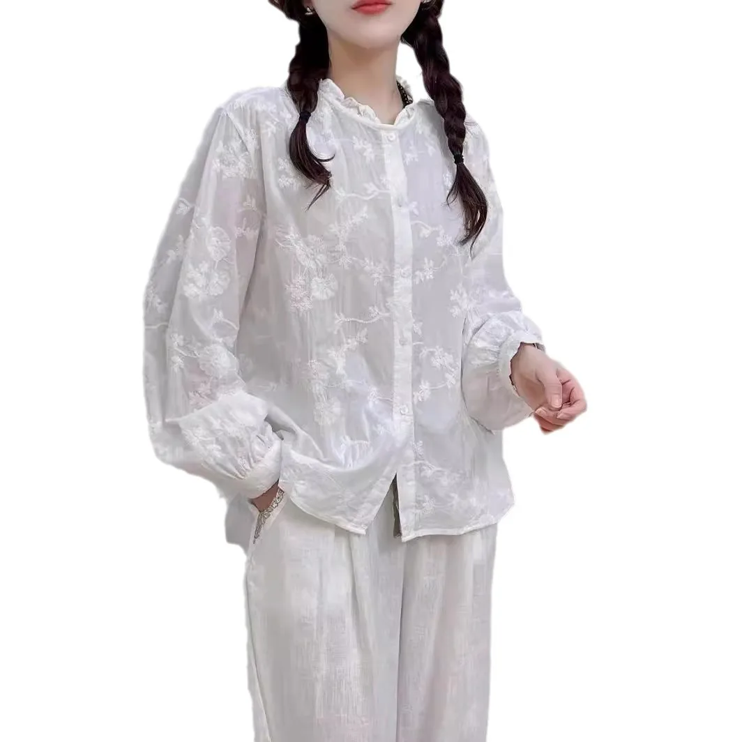 Новинка осенняя хлопковая рубашка с длинным рукавом женские кружевные топы со