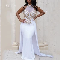 xijun glitter halter prom dresses noble mermaid shiny beadings floral applique pure evening dresses elegant vestidos de gala diy
