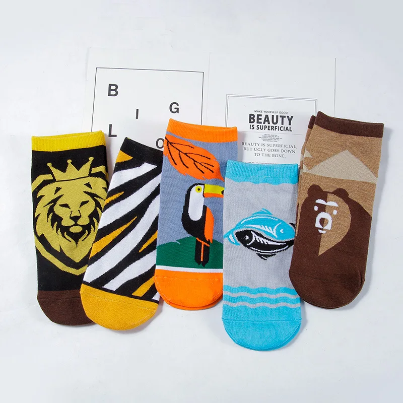 5 double brand Chinese style boys' pure cotton anti slip invisible ship socks men's cotton socks animals flowers gifts men socks