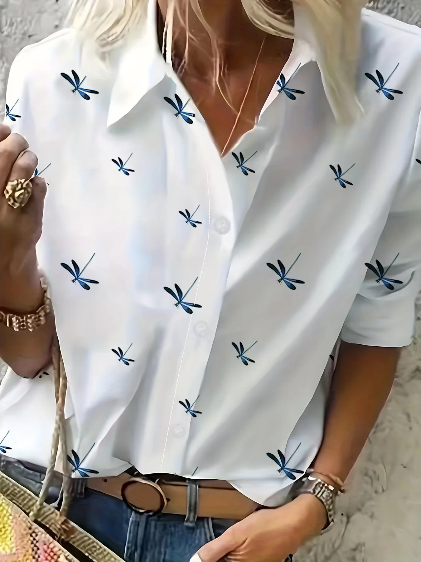 

Elegant Women's Shirt Tops Blouse 2023 Autumn Dragonfly Print Long Sleeve V-Neck Office Lady Shirt