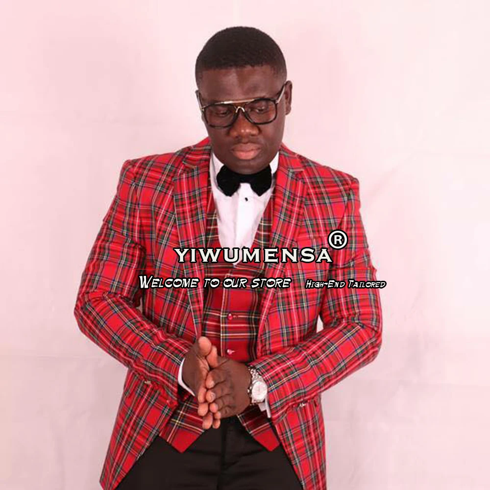 Мужские деловые костюмы в шотландскую клетку однобортный пиджак жилет брюки