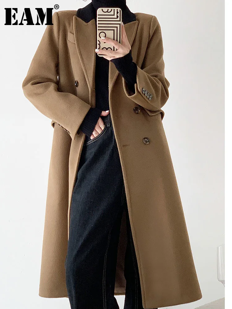 

[EAM] Loose Fit Brown Color-block Long Elegant Woolen Coat Parkas New Long Sleeve Women Fashion Tide Autumn Winter 2023 1DF3584