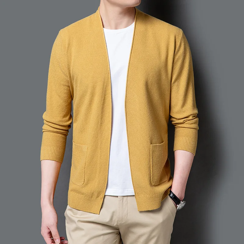 

Весенний мужской кардиган, корейский вязаный свитер, тонкий топ с V-образным вырезом и длинным рукавом для мальчиков, желтый Свитер оверсайз, повседневная трикотажная одежда Xxxl