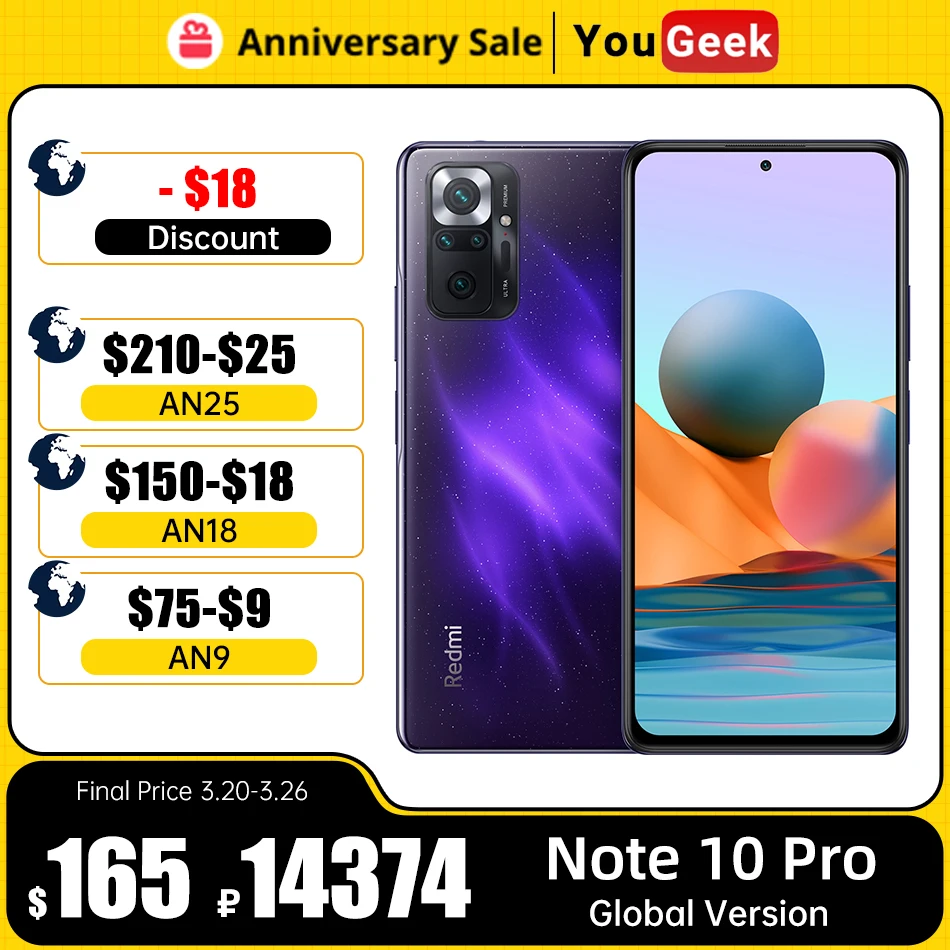 Global Version Xiaomi Redmi Note 10 Pro 108MP Quad Camera Snapdragon 732G 120Hz AMOLED DotDisplay Game Phone 33W Fast Charging