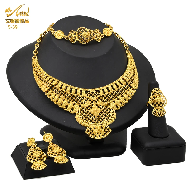 

ANIID Dubai 24K Gold Plated Jewelry Set Indian Bridal Jewellery Necklace Bracelet Earring Ring Wedding Ethiopian Jewelry Gifts