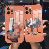 cute anime chainsaw man phone case for iphone 11 12 13 pro max x xr xs max 8 7 plus 13mini orange tempered glass reflective case