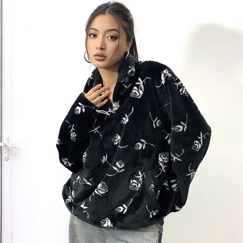 WeiYao 2022 Winter Fluffy Faux Fur Coats For Women Floral Print Zip Up Stand Collar Full Sleeve Oversized Pullover Sweatshirts