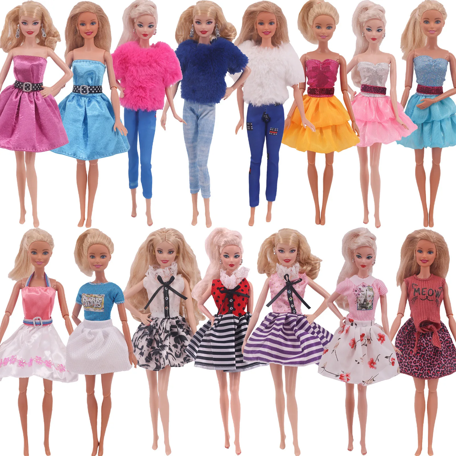 

1 Set Multiple Women Short Skirt Stripe Pink Outfit Evening Dress Shirt Denim Grid for Barbie Doll Accessories Kids Toy