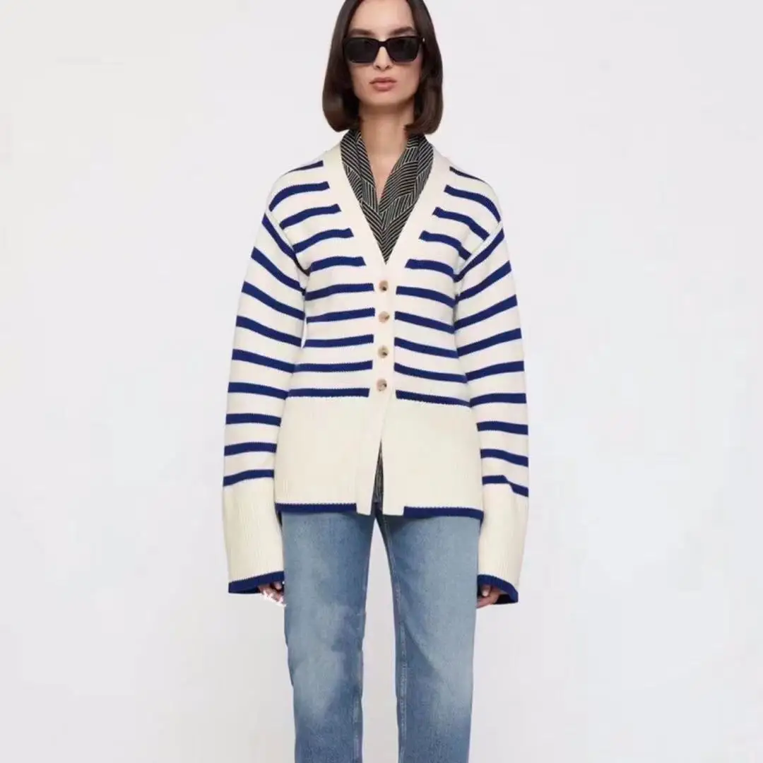 

Totem* Cardigan Women Sweater Knitted Early Spring New Loose Outer Wear Wool Knitted Cardigan Striped Sweater Top