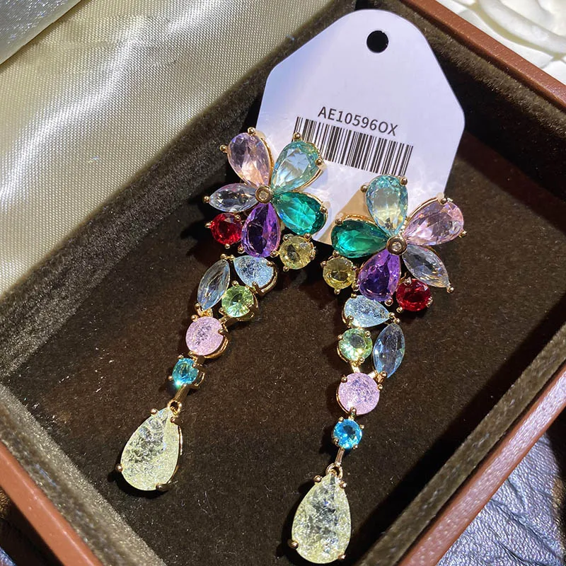 

Luxurious colorful flowers water drop earrings long summer teardrop sparkling zircon romance fresh eardrop for women