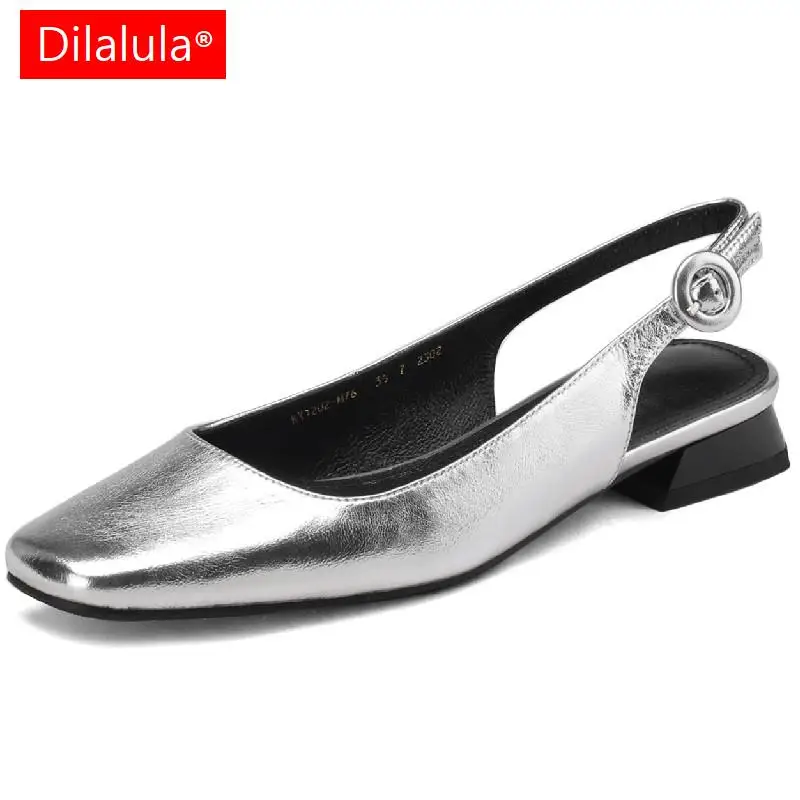 

Dilalula Spring Summer Women Pumps Concise Fashion Square Toe Low Heels Genuine Leather Slingbacks Sandals Shoes Woman