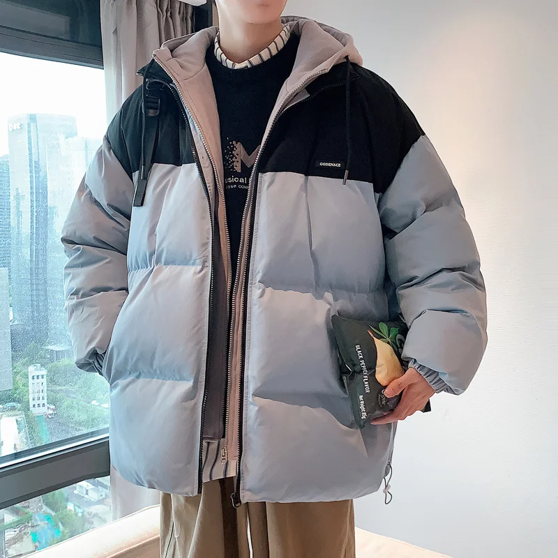 

Hybskr Winter New Korean Fake Two Piece Men Parkas Fleece Thicken Letter Label Man Coats Unisex Casual Loose Warm Hooded Jackets