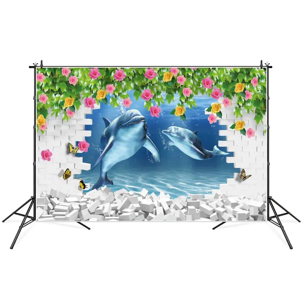 

Underwater Flowers Brick Wall Dolphins Scene Photography Backgrounds Custom Baby Ocean Birthday Party Decoration Photo Backdrops