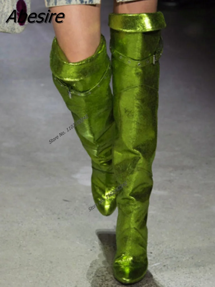 Ladies Over Knee Boots Pointed Toe Stiletto Shiny Tall Boots Buckle Strap Decorative Side Zipper Boots Plus Size Women'S Shoes