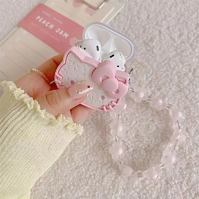 

Anime Hello Kitty Sanrio Soft Cover Pink Beaded Anti-lost Scratch Bowknot Earphone Case Ins Girl Kawaii for AirPods 1 2 Pro2