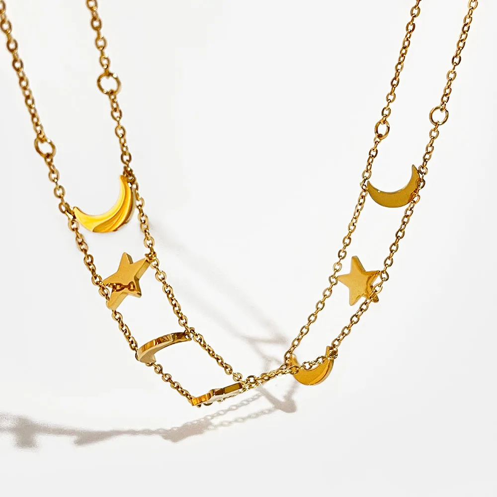 

Peri'sBox Small Crescent Moon And Stars Necklaces Hollow Double Layer Chain Choker Necklaces Unusual Statement Boho Sea Necklace