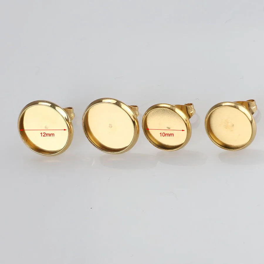 

20pcs Stainless Steel Earring Studs Gold Black Colorful Earrings Blank Base Fit 12mm 10mm Glass Cabochons Buttons Earring Bezels