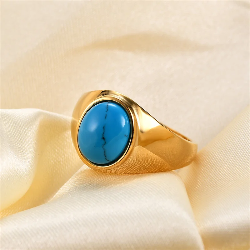 

YW GAIRU Retro 18K Gold Stainless Steel Oval Blue Turquoise Green Opal Ladies Ring Wedding Engaged Titanium Jewelry Gift