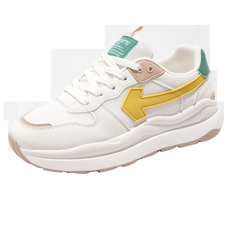 2023 New Chunky Sneakers Women Mesh Leather Platform Shoes Mixed Colors Lace-Up Lady Trendy Trainers Thick Sole