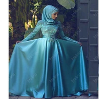 new blue muslim a line wedding dresses sweep train long sleeves lace appliques bridal gowns vestido de casamento 2022