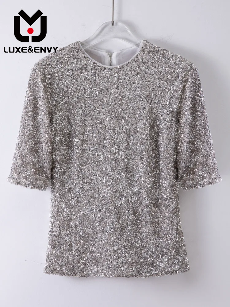 

Роскошная женская футболка люкс & ENVY, новинка сезона весна-лето 2023, модная свободная футболка с блестками в стиле знаменитостей