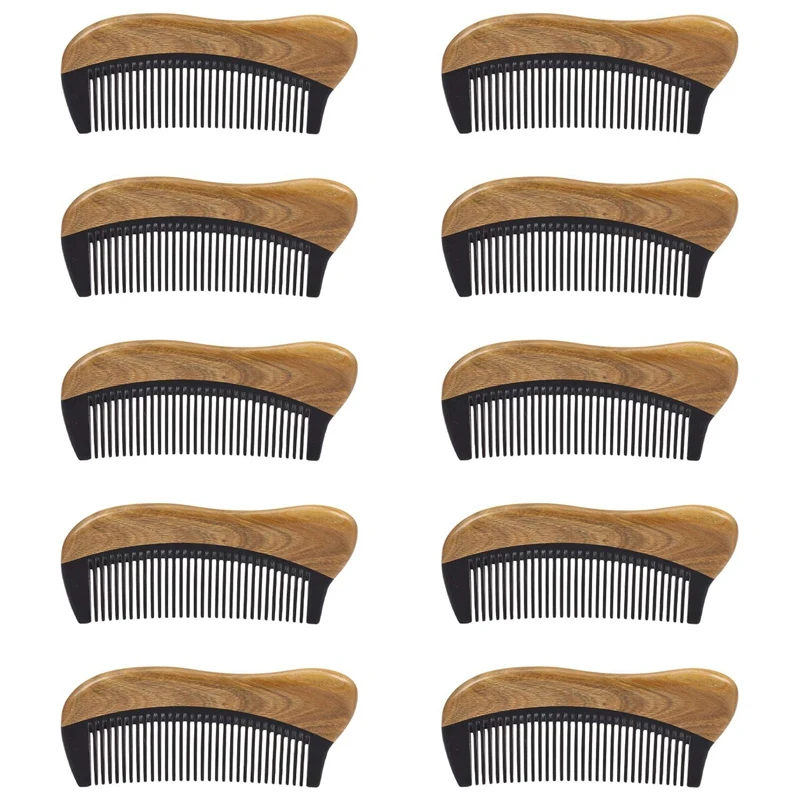 

10X Natural Green Sandalwood Hair Comb - No Static Wooden Fine Tooth Black Buffalo Horn Comb (Green Sandalwood)