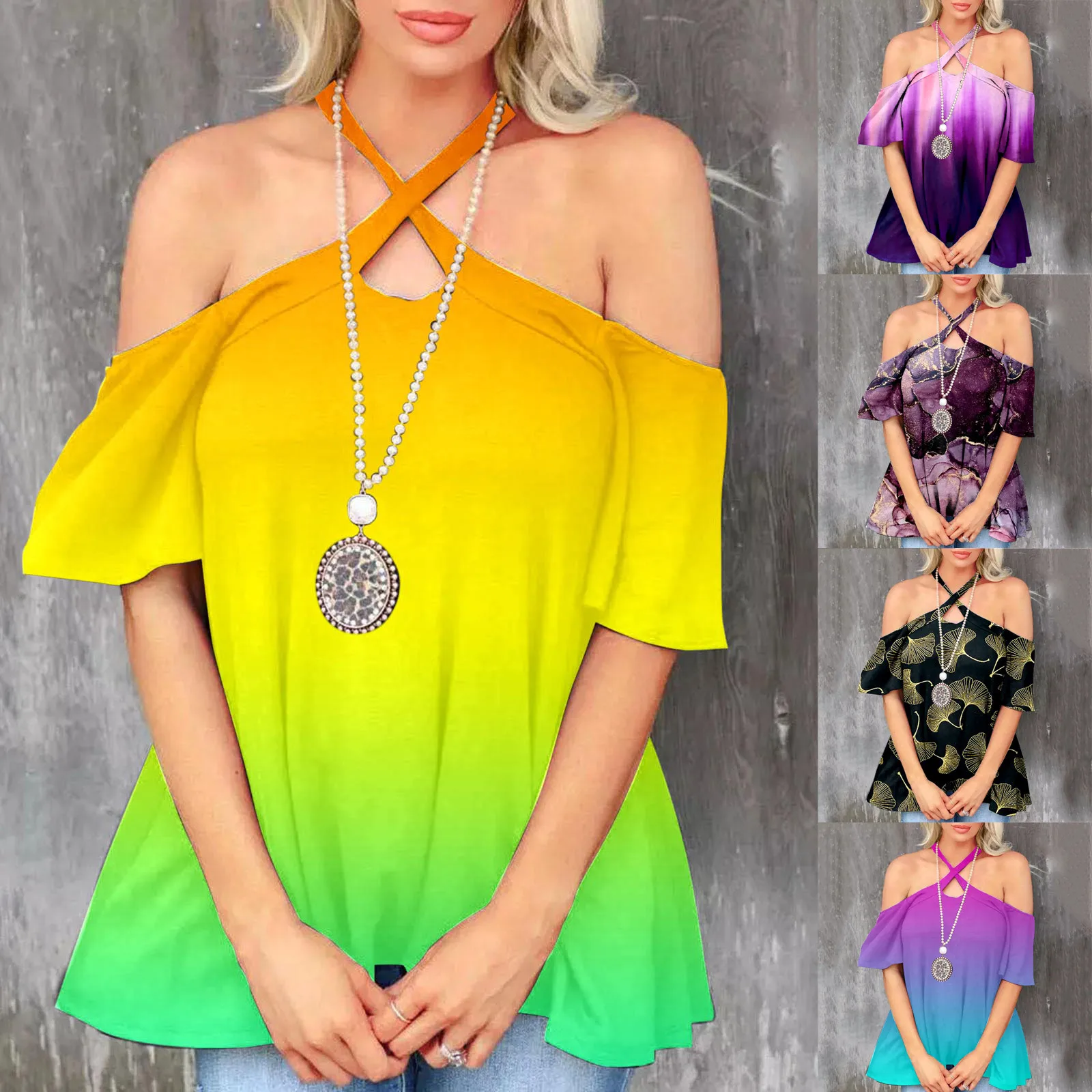 

Футболка женская с открытыми плечами, пикантный Свободный Топ с принтом, с лямкой через шею, с коротким рукавом, пляжная одежда, на лето