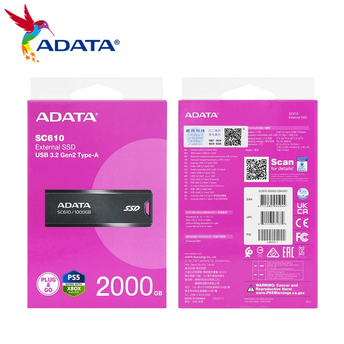 ADATA SC610 внешний SSD USB 3 2 Gen2 Type-A высокая скорость до 550 Мб/с портативный 500 Гб 1000 ГБ 2000