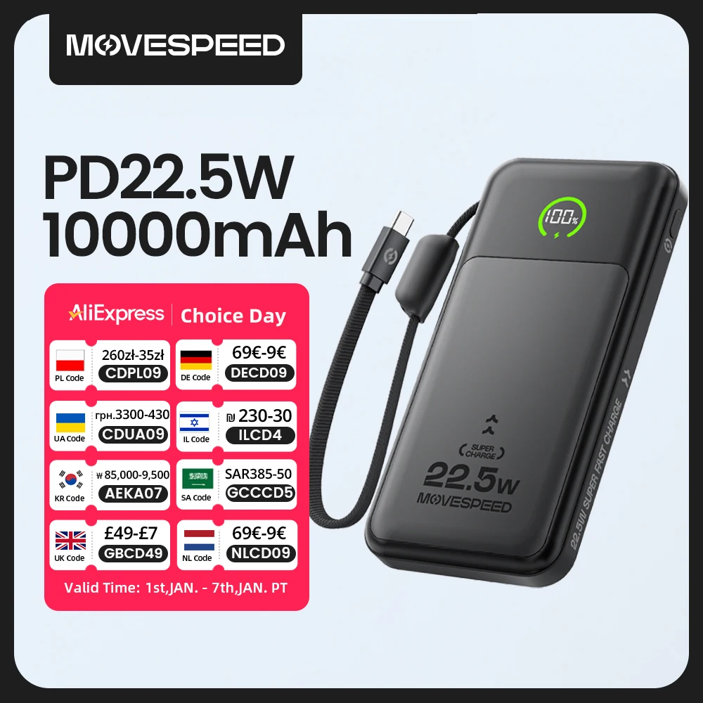 Фото 【CCC】Movespeed P19 LFP Аккумулятор Power Bank 10000 мАч Встроенный USB C-кабель Powerbank Внешнее зарядное устройство для iPhone Xiaomi Samsung №1