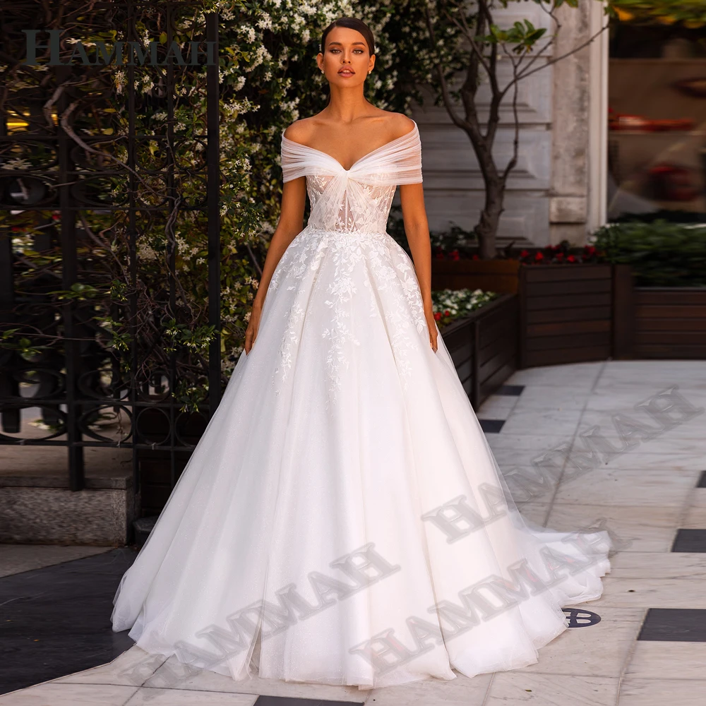 

HAMMAH Wedding Dresses For Women Sweetheart Elegant A Line Off the Shoulder Appliques Lacing Up A Line Court Train Bling Tulle