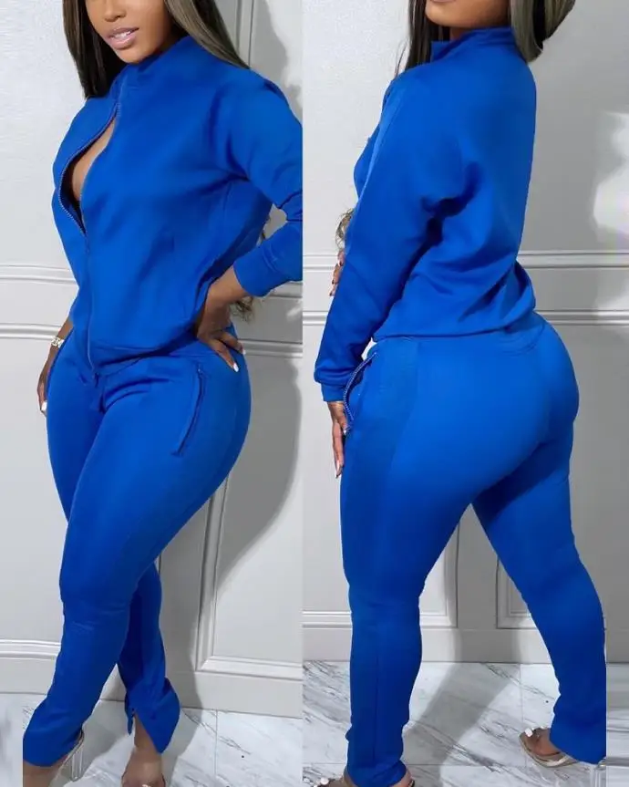 

Two Piece Sets Women Outifits 2022 Autumn Plain Stand Collar Long Sleeve Zip Up Top & Casual Pocket Design Sporty Long Pants Set