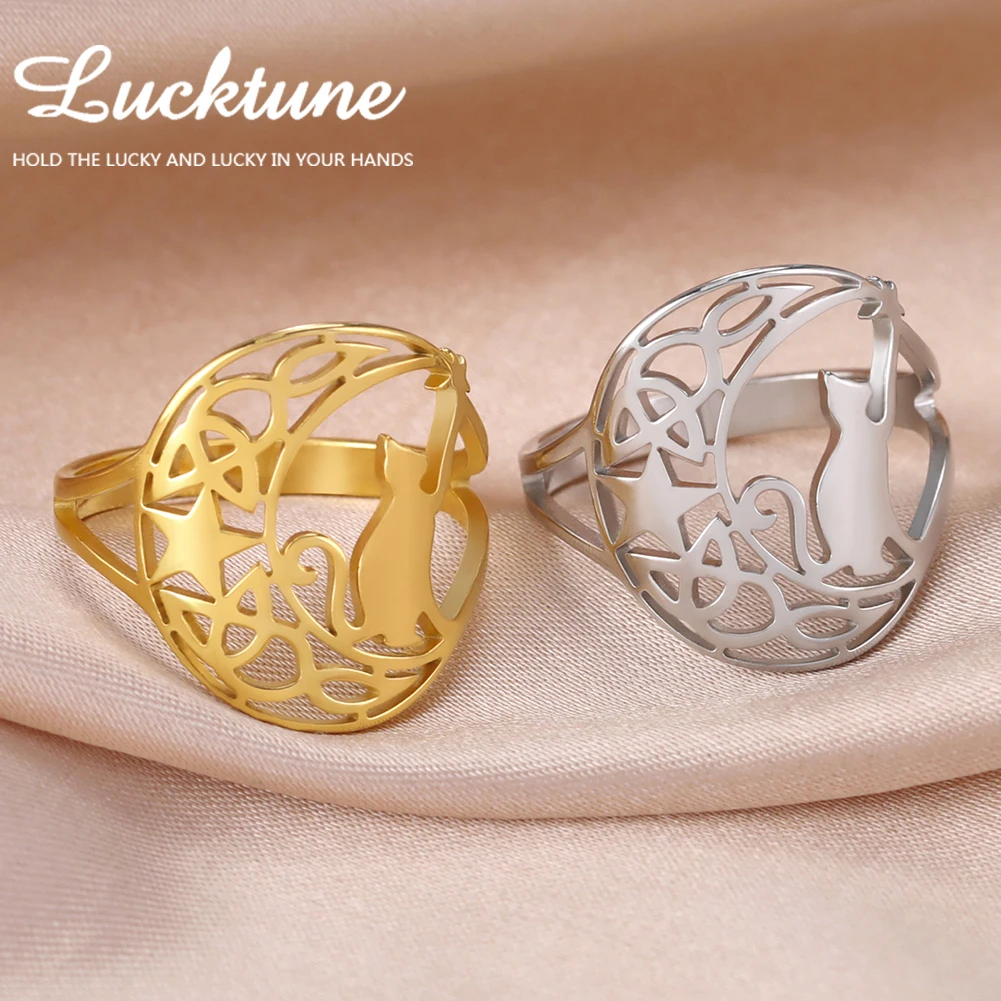 Lucktune Кошка Звезда Полумесяц Ведьмин Узел Символ Кольца Для Женщин Нержавеющая Сталь Винтажный Котенок Пентаграмма Кольцо Пальцы Ювелирные Изделия Подарок