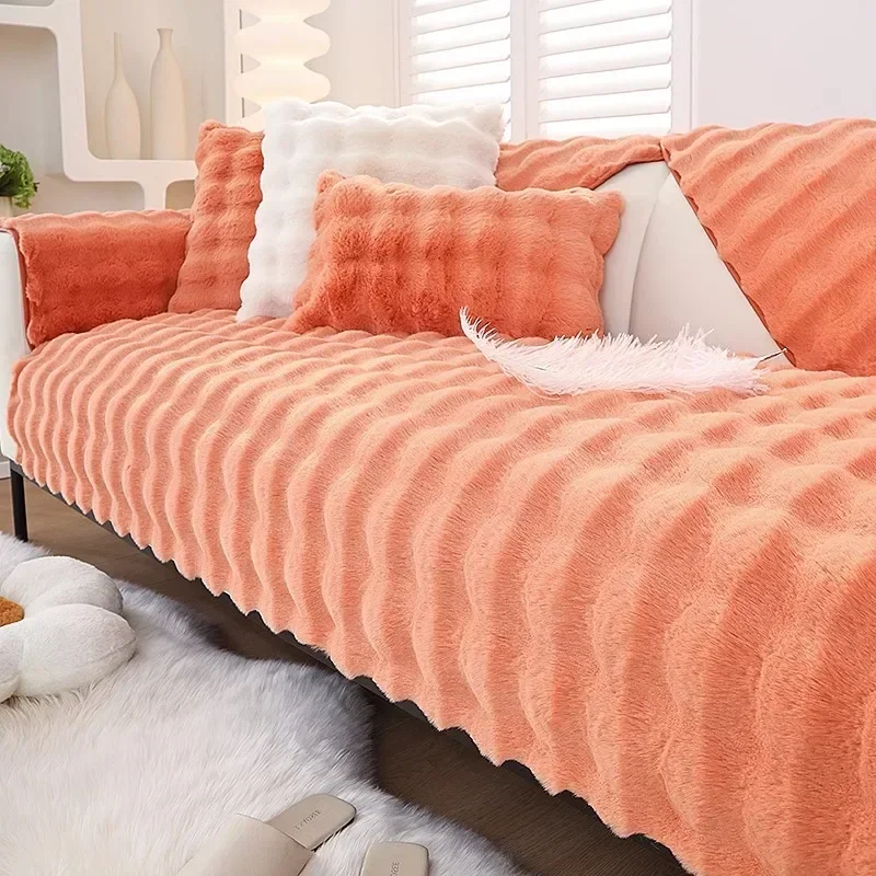 

Утолщенный плюшевый чехол для дивана с кроликом, скандинавские однотонные чехлы для диванов, нескользящие чехлы для диванов, полотенце для дивана для декора гостиной