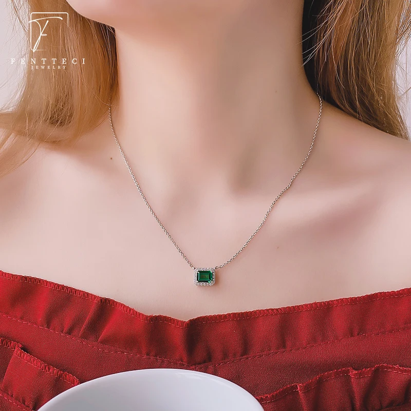 FENTTECI 925 Sterling Silver Vintage Emerald Necklace Female Court Style Clavicle Chain Square Emerald Pendant Fine Jewelry Set