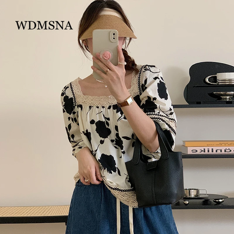 

Блузка женская кружевная с квадратным вырезом и рукавами-фонариками